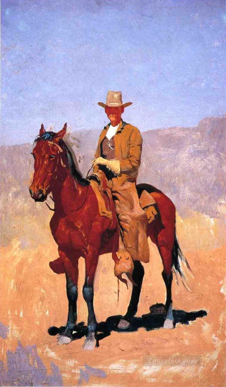Cowboy monté dans Chaps avec cheval de course Old American cowboy ouest Frederic Remington Peintures à l'huile